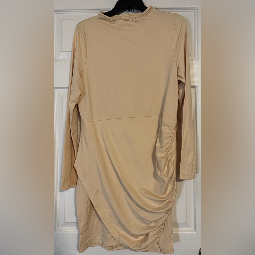 Elegant Beige Long Sleeve Dress, Back Zip Closure, NEW, Tan
